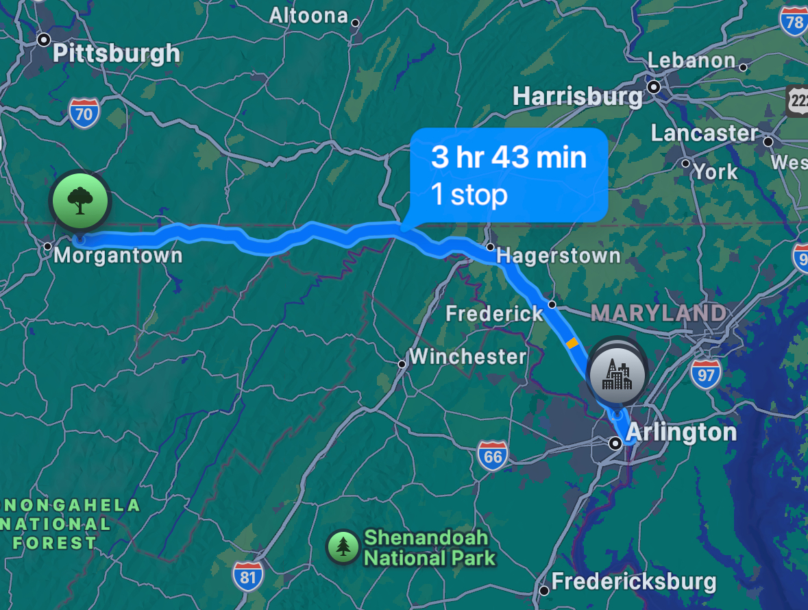 A map showing the journey from Coopers Rock to Washington, DC.