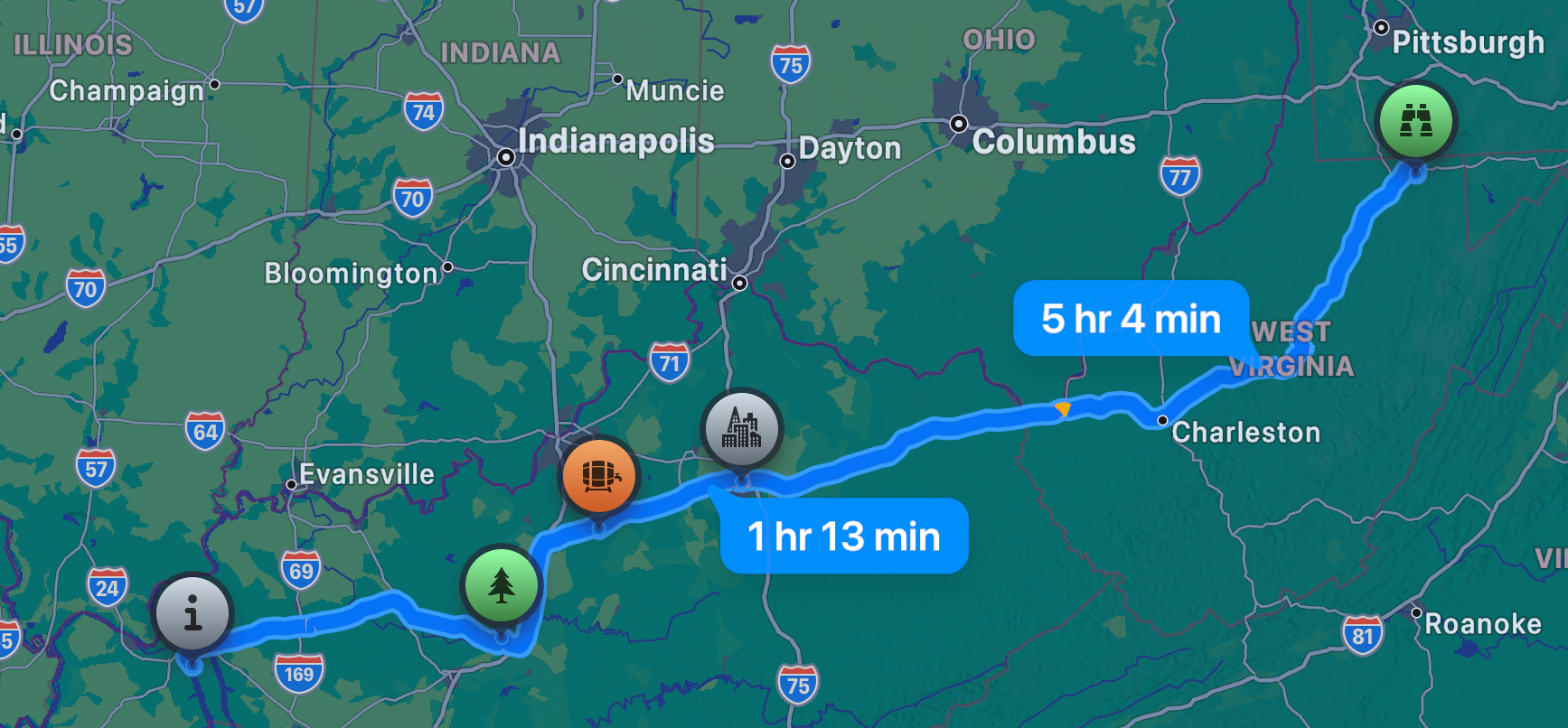 A map showing the journey from Land Between the Lakes to Coopers Rock.