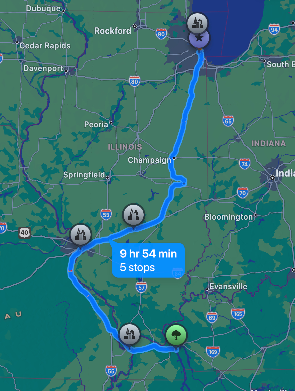 A map showing the journey from Chicago to Land Between the Lakes.