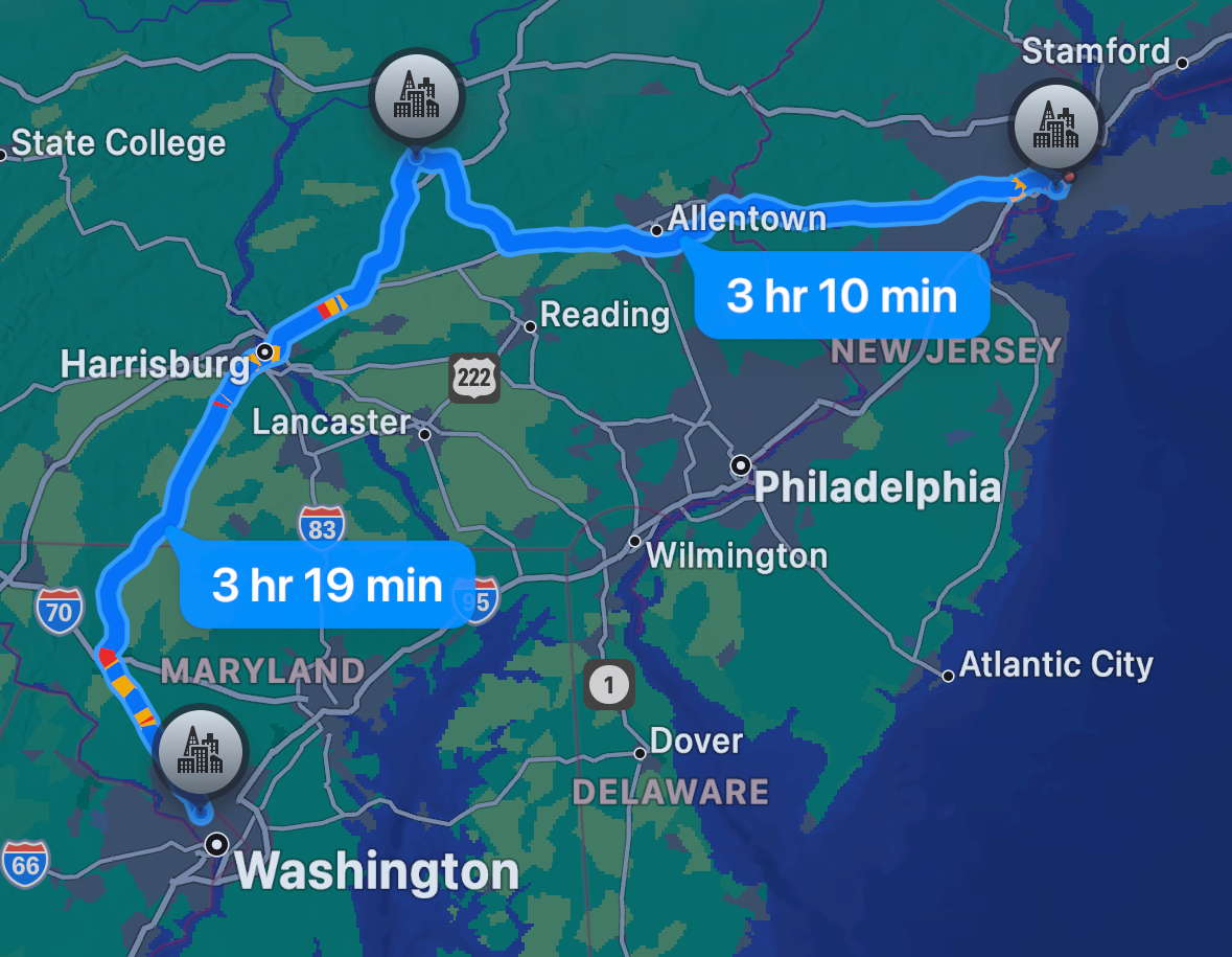 A map showing the journey from Washington, DC to New York City.
