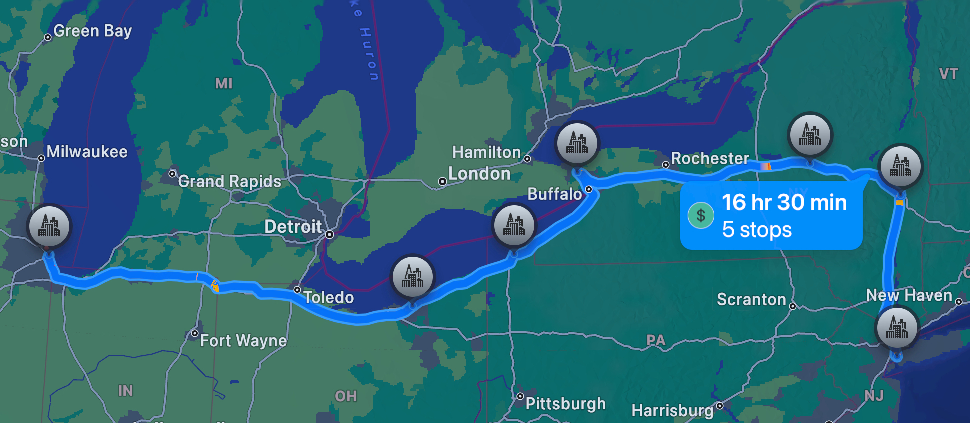 A map showing the journey from New York City to Chicago.
